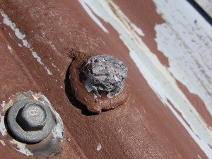 a kea-damaged lead head nail (right) next to an undamaged steel roofing screw (left) on a hut roof