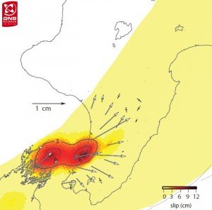 The Kapiti slow slip movement from January to May. The most extreme movement, depicted by the darkest colour, is under Otaki and north of Marlborough Sounds. GNS Science