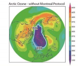 How the ozone hole in the Arctic zone would have appeared by 26th March 2011 if the Montreal Protocol had not existed. Credit: Chipperfield et al., Nature Communications