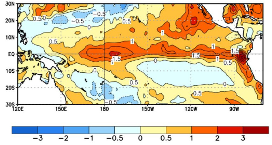 The average sea surface temperature departure (in degrees °Celsius) over the last four weeks, clearly showing the 'warm tongue'.  Image courtesy of Climate Prediction Center, NOAA. Orange colours indicate sea temperatures more than 1°C above average, red colours more than 2°C above average.