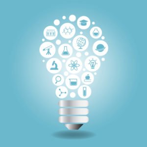 Science Concept - Science icon with light bulb with blue background