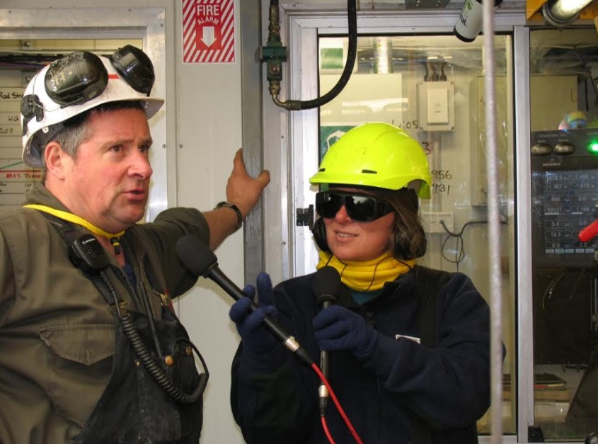 VM interviewing drillers as they retrieve sediment from hundreds of metres below the Ross Ice Shelf during the ANDRILL project.